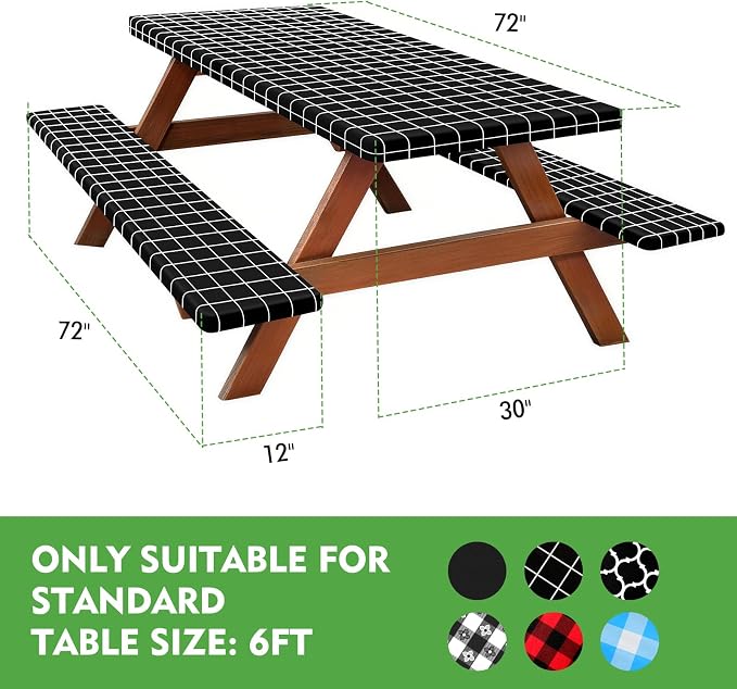 Picnic Table Cover with Bench Covers, Waterproof Tablecloth Set, Black Grid | Fitted 6ft Tables, for Outdoor Camping, RV, Includes 1 Table Cover(30"x72"), 2 Bench Covers(72"x12"), Drawstring Storage Bag