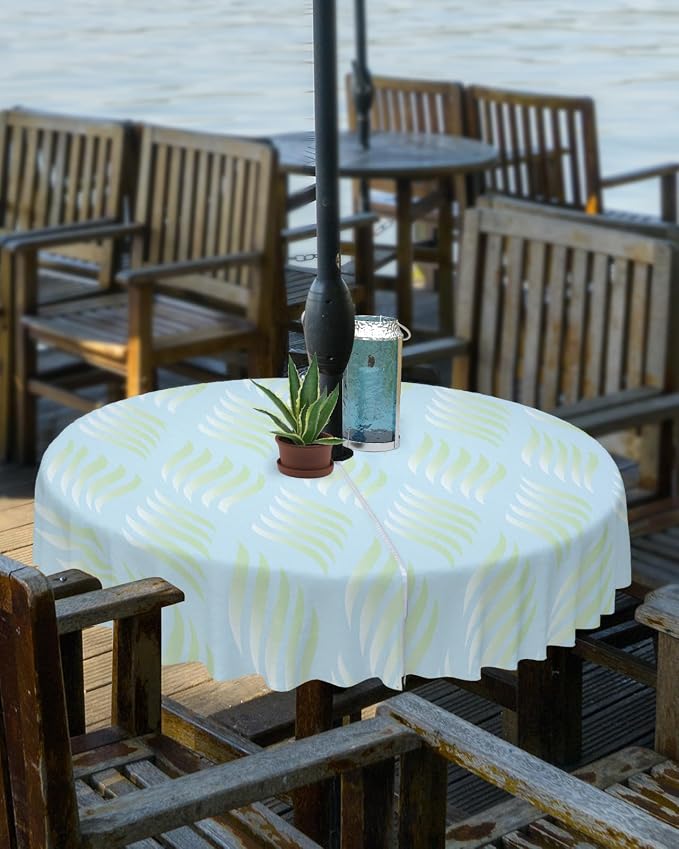 QueenKer Outdoor Tablecloth with Umbrella Hole, Abstract Leaves Lines Geometric Natural Patterns Ombre Green Round Tables Waterproof Tabletop Collection for Patio, Garden, Picnic, Camping, Dining 54R