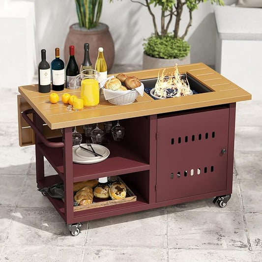 Outdoor Propane Fire Pit Table 44" with Lid & Wheels, Multifunctional Patio Fire Table with Storage Shelf, Steel Gas Firepit Dining Table for Backyard, Garden, Deck, Red
