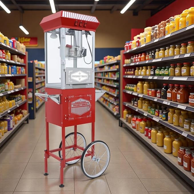 12 Oz Nostalgia Professional Popcorn Cart Makes Up to 64 Cups, Popper Maker with Warming Deck and Old Maids Drawer, Movie Night Supplies for Home & Parties, Red