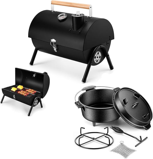 Joyfair Portable Charcoal Grill with Thermometer & Pre-seasoned Cast Iron Dutch Oven Set, Small Tabletop Barbecue Grill for Outdoor Camping, Camp Dutch Pot & Griddle Skillet, 5QT Pot & 2QT Lid