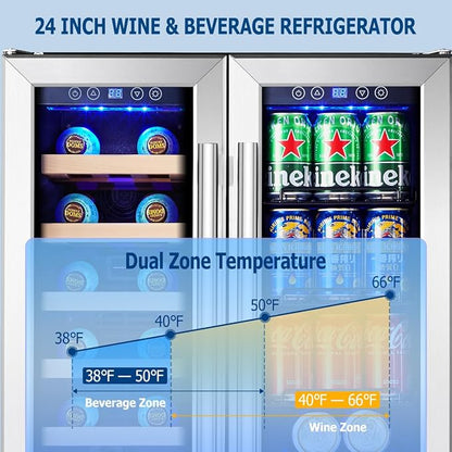 Kalamera 24 inch Wine Fridge Hold 21 Bottles and 75 Cans, Dual Zone Cooling | Wine and Beverage Refrigerator,Built-In or Freestanding with Blue LED Light for Home/Bar/Office
