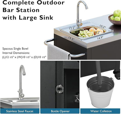 Merax 55.5" Outdoor Kitchen Island, Metal Grill Cart Table with 304 Stainless Steel Sink, Outdoor Bar Cart Sink Station with 4 Lockable Wheels for Pizza Prep & BBQ, Black
