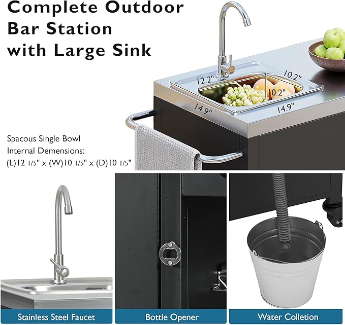 55.5" Outdoor Kitchen Island with Sink, Metal Grill Cart Table with 304 Stainless Steel Sink, Outdoor Bar Cart Sink Station with 4 Lockable Wheels and Storage Cabinet for BBQ Patio Garden (Black--@mi)