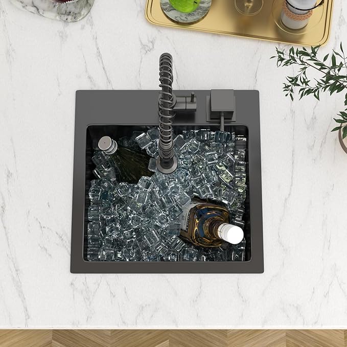15 In Gunmetal Black Drop Bar Sink 15 x 15 Inch Kitchen Sink 18 Gauge Stainless Steel Single Bowl Topmount Handmade Sink for Outdoor, RV, 15x15x9