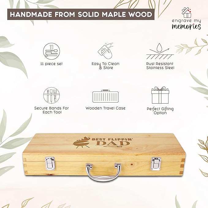 11-Piece BBQ Grilling Set with Engraved Maple Wood Box, Premium Stainless Steel Barbecue Tools with Wooden Handles for Dad – Best Flipping Dad Idea