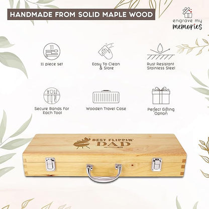 11-Piece BBQ Grilling Set with Engraved Maple Wood Box, Premium Stainless Steel Barbecue Tools with Wooden Handles for Dad – Best Flipping Dad Idea