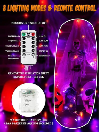 Halloween Fairy Lights Battery Operated 100 LED 33FT 4 Pack Orange Purple | Timer, 8 Modes, Remote Control, Brightness Adjustable Waterproof Twinkle Lights for Indoor Outdoor Party Cpreepy decorations