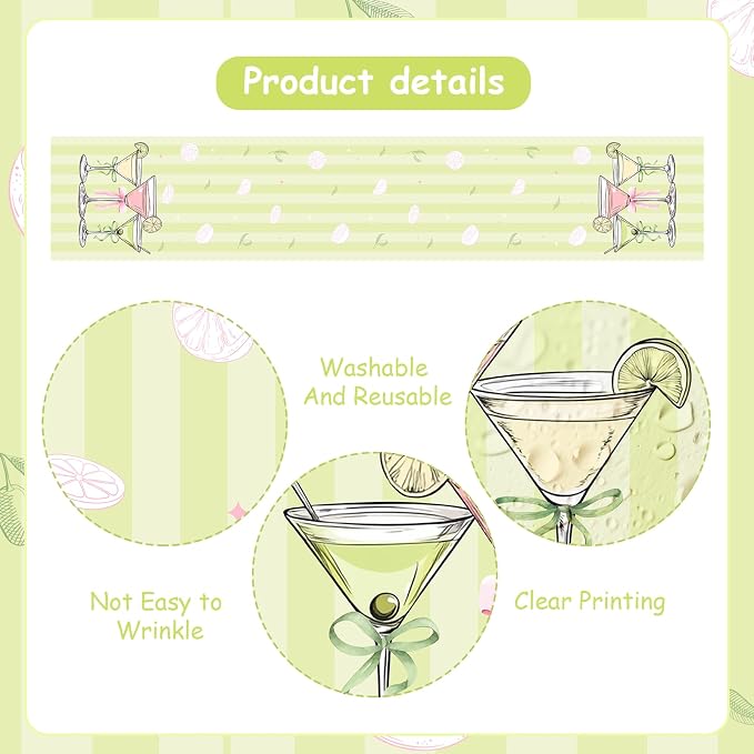 Green Pink Martini Theme Table Runner, Cocktail Lovers Linen Fabric Table Runner for Everyday Use 72 x 13 Inches, Washable Table Cover for Indoor Outdoor Kitchen Dining Table Home Decor