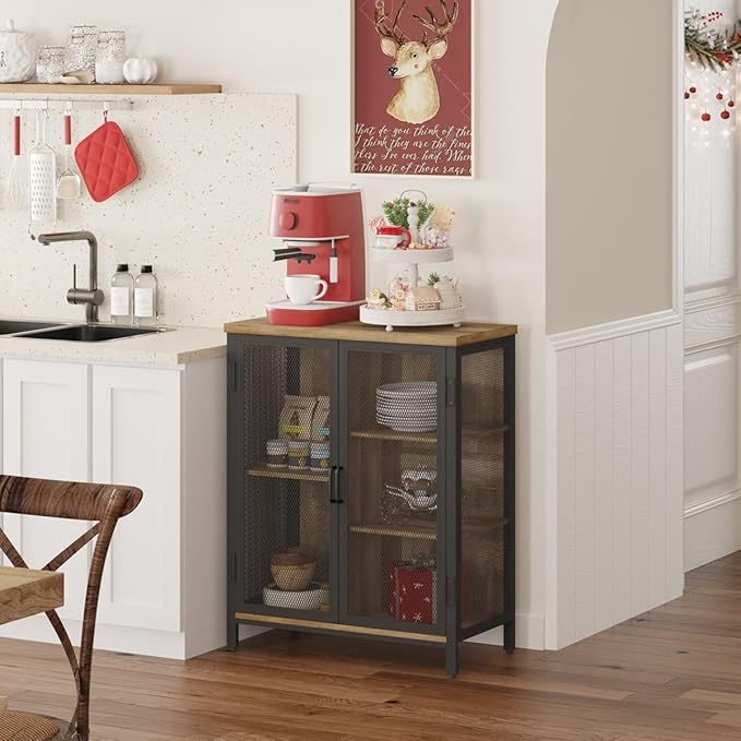 Coffee Bar Cabinet with Storage for Home Kitchen, Rustic Liquor Cabinet for Entryway, Small Industrial Buffet Sideboard Cabinets for Dining Room (Vintage Oak)