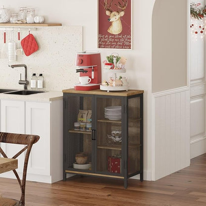 Coffee Bar Cabinet with Storage for Home Kitchen, Rustic Liquor Cabinet for Entryway, Small Industrial Buffet Sideboard Cabinets for Dining Room (Vintage Oak)