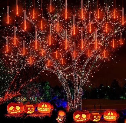 Halloween Yard Decorations: Orange Meteor Shower Lights for Outdoor Decor | 16-Tube Equivalent to 2 Sets of 8-Tube, Waterproof Orange Icicle Lights for Front Yard Halloween Fall Outdoor Decor, UL Plug