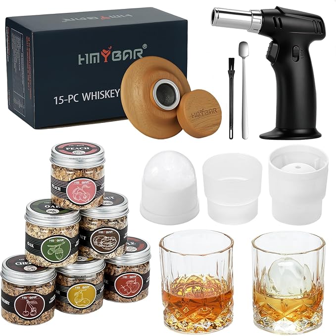 HMYBAR® Whiskey Smoker Kit with Torch, 15-Piece Cocktail Smoker Kit with 6 Wood Chip Flavors, Old Fashioned Drink Smoker Kit, Bourbon Whiskey Gifts for Men, Dad, Husband (No Butane)