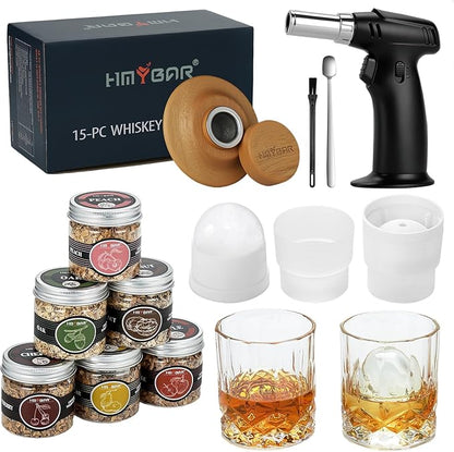 HMYBAR® Whiskey Smoker Kit with Torch, 15-Piece Cocktail Smoker Kit with 6 Wood Chip Flavors, Old Fashioned Drink Smoker Kit, Bourbon Whiskey Gifts for Men, Dad, Husband (No Butane)