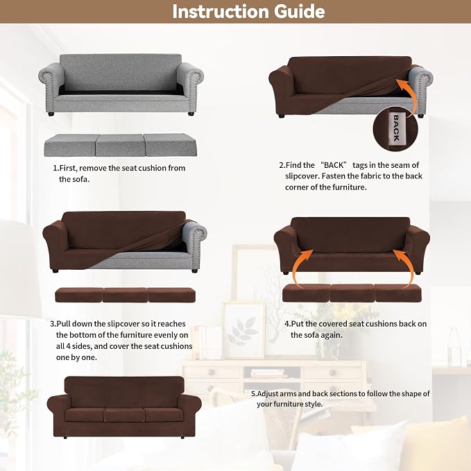 WEERRW 4 Pieces Couch Cover for Sofa Velvet Sofa Covers Washable, Chocolate | Sofa Covers for 3 Cushion Couch Furniture Protector Sofa Slipcovers with Non Slip Elastic Bottom, Pet Friendly, Large