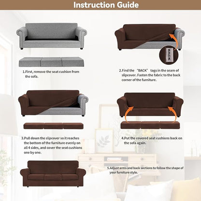 WEERRW 4 Pieces Couch Cover for Sofa Velvet Sofa Covers Washable, Chocolate | Sofa Covers for 3 Cushion Couch Furniture Protector Sofa Slipcovers with Non Slip Elastic Bottom, Pet Friendly, Large