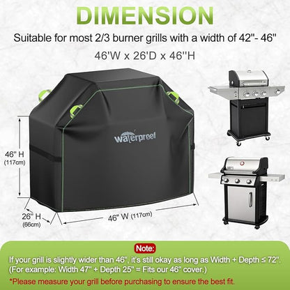 Grill Cover, 46 inch BBQ Grill Cover for Outdoor Grill, 420D Waterproof Fabric, UV & Fade Resistant, All-Weather Barbecue Gas Grill Cover with Handles, Straps & Adjustable Drawstring