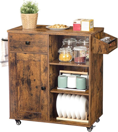 HOOBRO Kitchen Island, Storage Cabinet with Drawer, Kitchen Cart with Spice and Towel Rack, Saving Space, Easy Assembly, for Living Room, Rustic Brown BF12ZD01