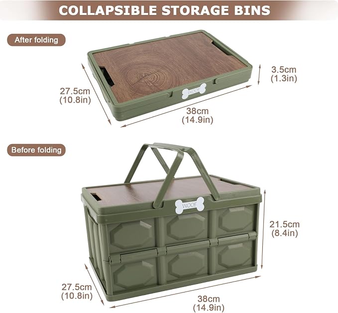 Outdoor Dog Toy Bin wtih Handles,Collapsible Dog Stuff Organizer Portable,Pet Storage Basket with Wood Cover for Dog Toys/Snack/Camping Essentials,Ideal for Car Trunk,RV Trip,Picnic-Green