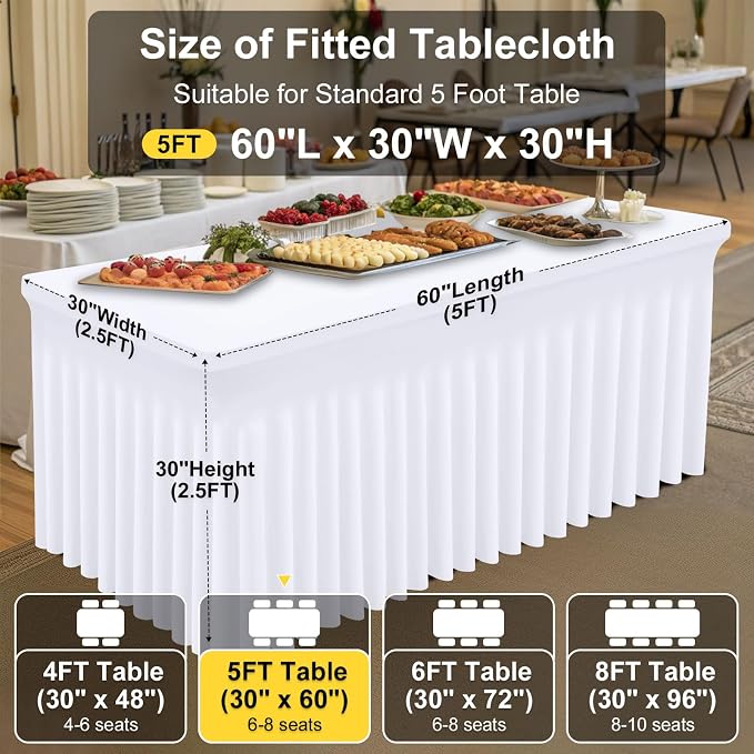 Smiry Spandex Elastic Fitted Table Cloth Skirt for 5FT Rectangle Table | Stretch Washable Table Cloth, Banquet Table Cover for Wedding, Party, Indoor & Trade Shows, (White, 60Lx30Wx30H)