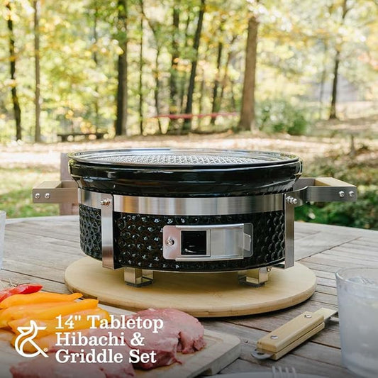 Ash & Ember 14" Hibachi Tabletop Grill & Griddle Set, Ceramic Charcoal Grill, Stainless Steel Cooking Grate, Non-Stick Maifan Griddle, Griddle Lifter, Adjustable Temp Control