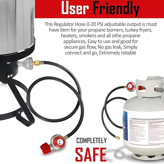 GasOne 2109-RED 4 ft High Pressure 0-20 PSI Adjustable Regulator with Red QCC-1 Type Hose-Works with Newer U.S. Propane Tanks