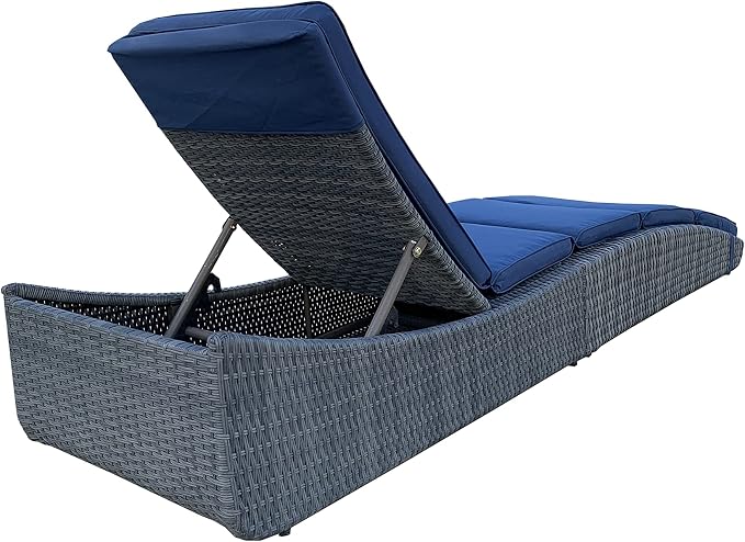 BTEXPERT Outdoor Chaise Lounges Pool Cushioned Chair Wicker Patio Rattan Poolside Folding Space Saving Sun Lounger Adjustable Backrest Couch Reclining Fully Assembled Two Piece Blue