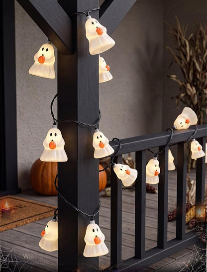 Halloween Ghost String Lights, 8.5FT 10 LED White Ghost Outdoor Patio Decor | 4.5W Warm White Glow, Plug in End to End Connectable, Waterproof & Energy-saving, UL Listed for Home Porches Gardens Windows