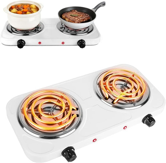 Electric Charcoal Burner Stove, 500W Single Coil Hot Plate Starter with Grill Tongs, 5-Level Temp, Smart Heat Control & Stainless Steel Fast Heating for Cooking top Countertop (3890White-Double01)