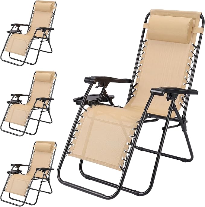 Zero Gravity Chairs Set of 4, Outdoor Folding Lounge Chairs | Foldable Reclining Patio Lawn Chairs with Mesh Back, Adjustable Pillows and Cup Holder Trays, for Pool, Beach, Backyard