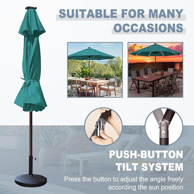 EliteShade USA 10-Year-Non-Fading 10ft Market Patio Umbrella, Commercial Grade Table Sun Umbrella with 80 Solar LED Lights, Crank Open, Windproof & UPF 50+ UV Protection for Garden, Deck, Pool, Backyard, Teal
