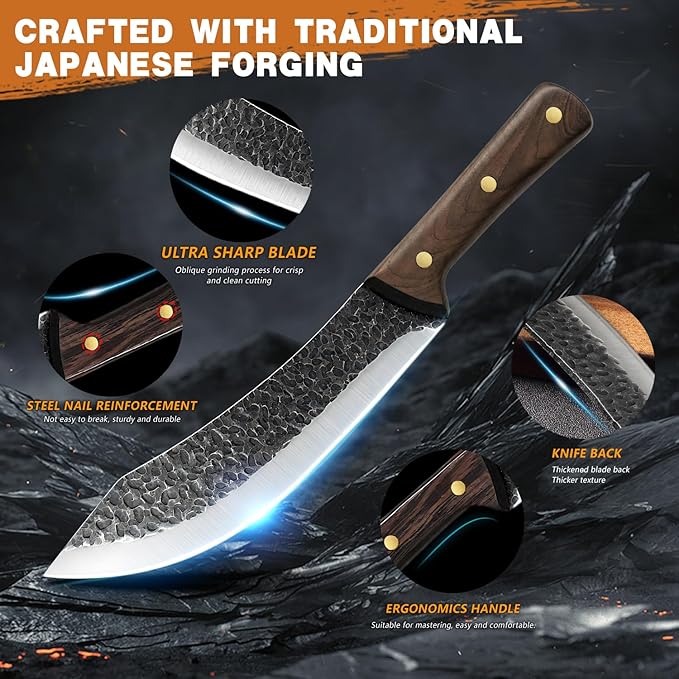 MDHAND Butcher Knife Set, Ultra Sharp Hand Forged Meat Cleaver & Brisket Knives & Boning Knife Set With Leather Sheath, High Carbon Steel Kitchen Knife Set for Outdoor & BBQ, Gifts for Men Women