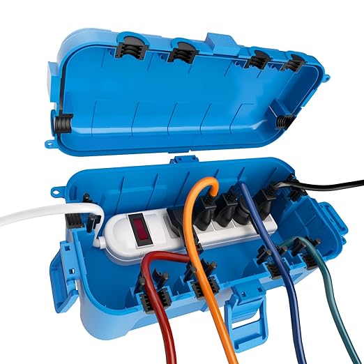 Flemoon Medium Outdoor Electrical Box (11.5x5.2x4 inch), IP54 Waterproof Extension Cord Cover w/6 Cable Entry Ports, Weatherproof Connection Box for Power Strip, Timer, Plug, Holiday Lights, Blue