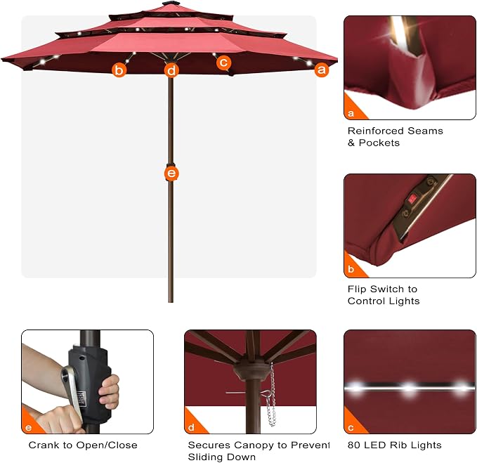 EliteShade USA 10-Year-Non-Fading 10ft 3-Tier Market Patio Umbrella, Commercial Table Umbrella with 80 Solar LED Lights, Crank Open, Windproof & UPF 50+ UV Protection for Garden, Deck, Pool, Backyard, No Tilt, Burgundy