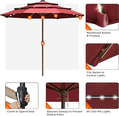 EliteShade USA 10-Year-Non-Fading 10ft 3-Tier Market Patio Umbrella, Commercial Table Umbrella with 80 Solar LED Lights, Crank Open, Windproof & UPF 50+ UV Protection for Garden, Deck, Pool, Backyard, No Tilt, Burgundy