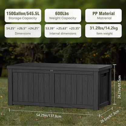 Outdoor Storage Box, 150 Gallon Resin Deck Box Waterproof for Patio Furniture, Garden Tools and Pool Accessories, Lockable UV-Resistant Storage Bin Bench Cabinet for Outside, Black