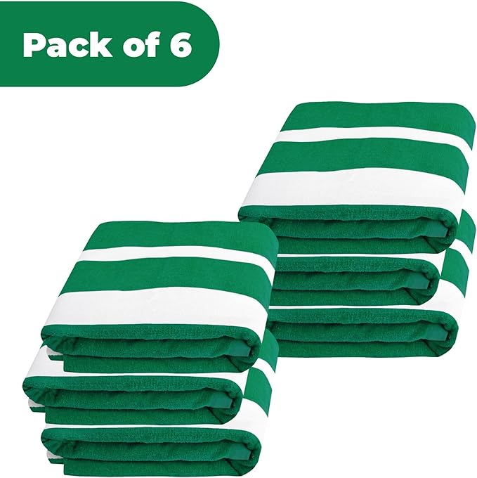 Superior Cabana Cotton Lounge Chair Cover, Outdoor Towel/Chaise Furniture Covers, Terry Cloth, Beach, Spa, Swim Accessories, Pool Chair Cover, Soft, Quick Drying, 32" x 102", Set of 6, Dark Green