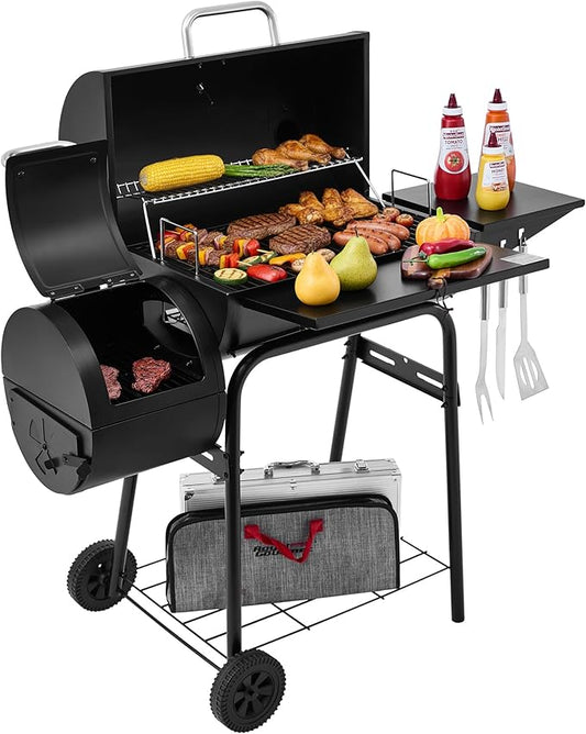 Royal Gourmet CC1624S Barrel Charcoal Grill with Offset Smoker, 552 Sq. In. Cooking Area, Steel Front Shelf, Steel Side Shelf with Hooks, Charcoal Grill for Outdoor Grilling, Black