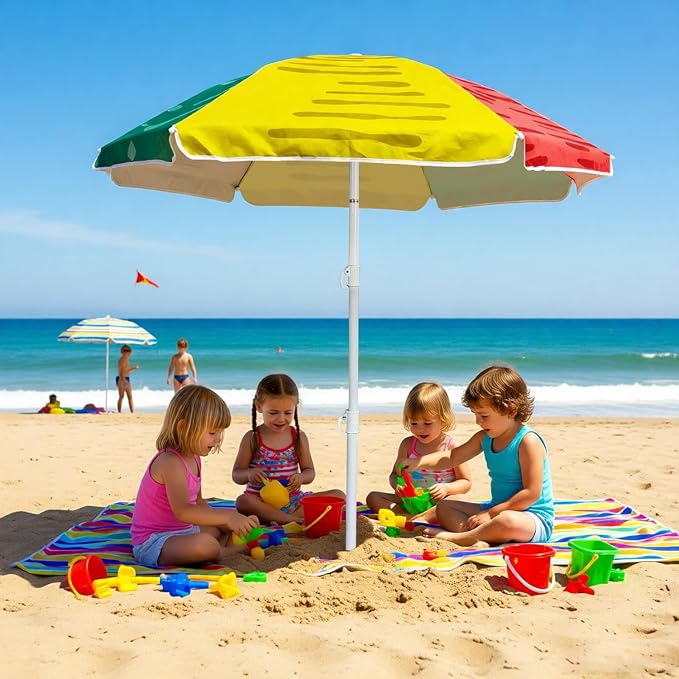 LOTTAFUN 5ft Beach Umbrella Diameter 0.99-1.2 Inch Pole Resistant UV 50+ Portable Sun Shade with Sand Anchor & Carry Bag, Outdoor Folding Umbrella for Beach,Pool,Patio,Garden (3 Color Block) NO Tilt The sand needs to be over 5 inches above the bottom
