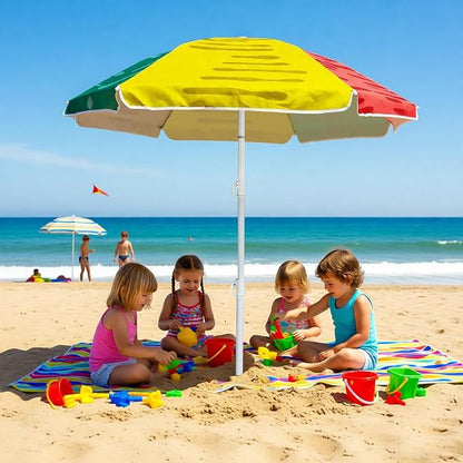LOTTAFUN 5ft Beach Umbrella Diameter 0.99-1.2 Inch Pole Resistant UV 50+ Portable Sun Shade with Sand Anchor & Carry Bag, Outdoor Folding Umbrella for Beach,Pool,Patio,Garden (3 Color Block) NO Tilt The sand needs to be over 5 inches above the bottom
