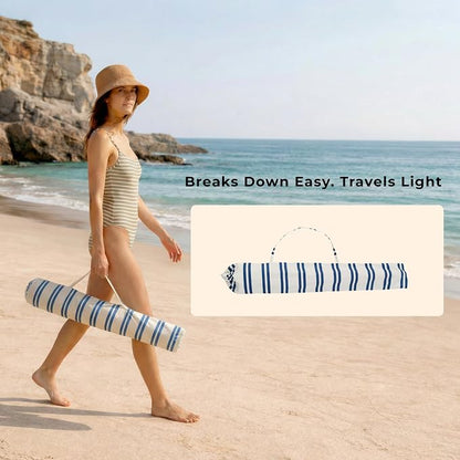 6FT Striped Fringe Beach Umbrella, Sand Anchor, UPF 50+ Sun Shade | Adjustable Tilt & Portable Design, Coastal Umbrella for Beach & Patio, Heritage Ocean Blue Stripe