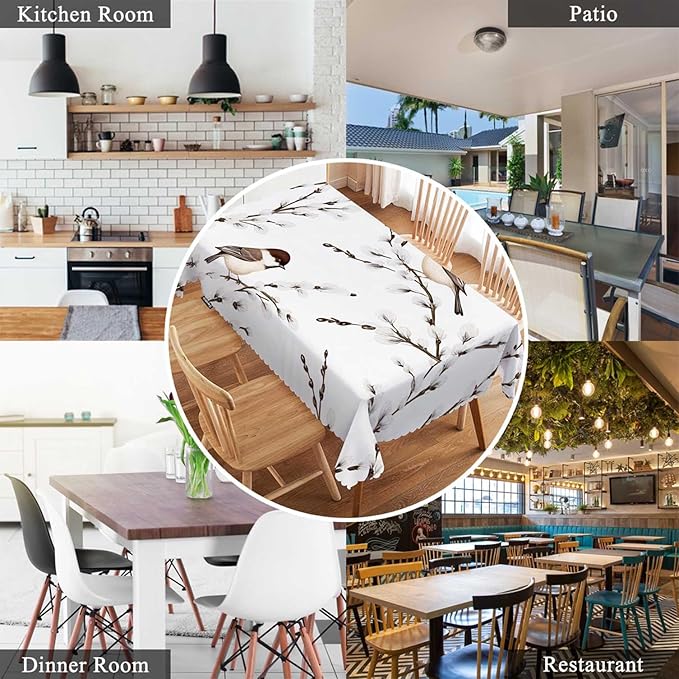 Swono Bird Tablecloth Willow Branches and Birds Chickadee Decorative Oblong Table Cover for Kitchen, Dining, Party Banquet and Holiday Tablecloth, 52x70 Inch(4-6 Seats)