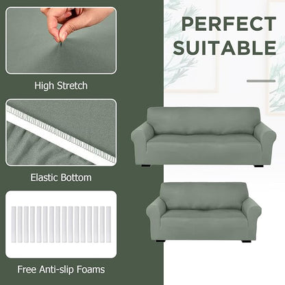 Peryiter 2 Pcs Couch and Loveseat Sofa Covers,Grayish Green,Milk Silk | Armchair Covers for Living Room, Sofa Cushion Slipcover 2/3 Seater, Furniture Protector, Polyester and Spandex, Washable