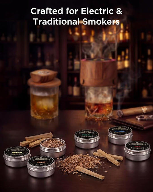 Whiskey Smoker Wood Chips Refill - 6 Flavor Variety Pack for Cocktail Smoker Kit - Natural Smoking Chips for Old Fashioned & Bourbon Drinks, Oak, Apple, Cherry, Hickory, Pear, Beech
