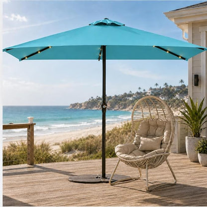 6.5 x 10ft Rectangular Patio Umbrella with Solar Lights, 16 LED Lighted Market Umbrella with Push-Button Tilt and Crank, 6 Sturdy Iron Ribs for Garden, Deck, Pool, Sky Blue