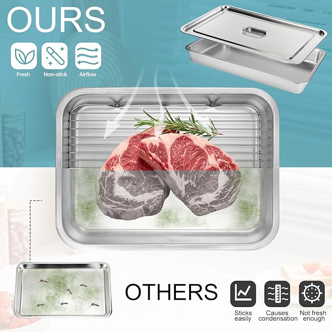 Gisafai 24 x 16 Inch Exlarge Grilling Prep and Serve Trays 5-in-1, Stainless Steel Food Prep Tray Set Grill Carry System Marinade Container with Lid Cooling Rack Gifts for Outdoor BBQ Accessories