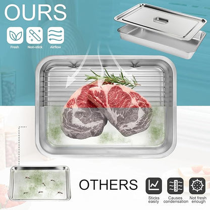 Gisafai 24 x 16 Inch Exlarge Grilling Prep and Serve Trays 5-in-1, Stainless Steel Food Prep Tray Set Grill Carry System Marinade Container with Lid Cooling Rack Gifts for Outdoor BBQ Accessories