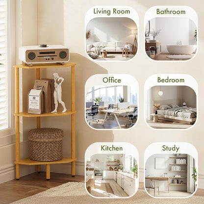 3 Tier Bamboo Corner Shelf, Storage Stand with Adjustable Feet, Small Space Corner Bookcase, Outdoor Plant Stand, Space-Saving Organizer for Bathroom Kitchen Living Room