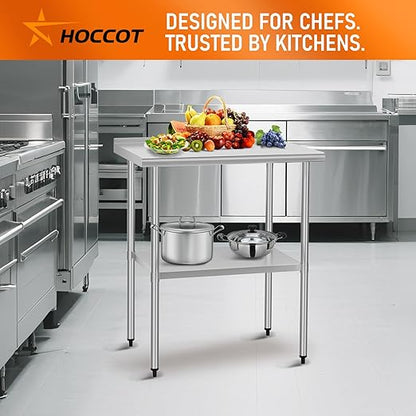 HOCCOT Stainless Steel Table 24" x 36" with Adjustable Undershelf and Backsplash, Commercial Metal Workstations for Kitchen, Garage, Outdoor BBQ