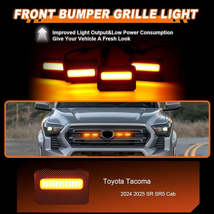 4PCS LED Front Bumper Grille Lights Smoked Lens for Toyota Tacoma 2024 2025 SR SR5 Cab Front Mesh Warning Light Daytime Running Light Amber Grille Lamps Kit